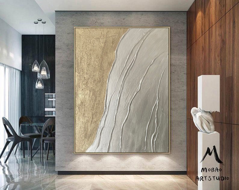 Large Abstract Painting, Silver Textured Abstract Painting,Original Gold Minimalist Painting, Large Wall Canvas Painting Sofa Wall Art