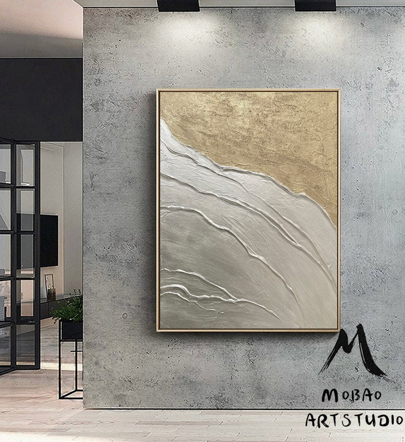 Large Abstract Painting, Silver 3D Textured Abstract Painting,Original Gold Minimalist Painting, Large Wall Canvas Painting Sofa Wall Art