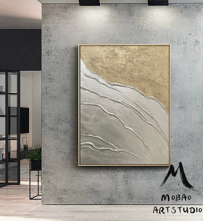 Large Abstract Painting, Silver 3D Textured Abstract Painting,Original Gold Minimalist Painting, Large Wall Canvas Painting Sofa Wall Art