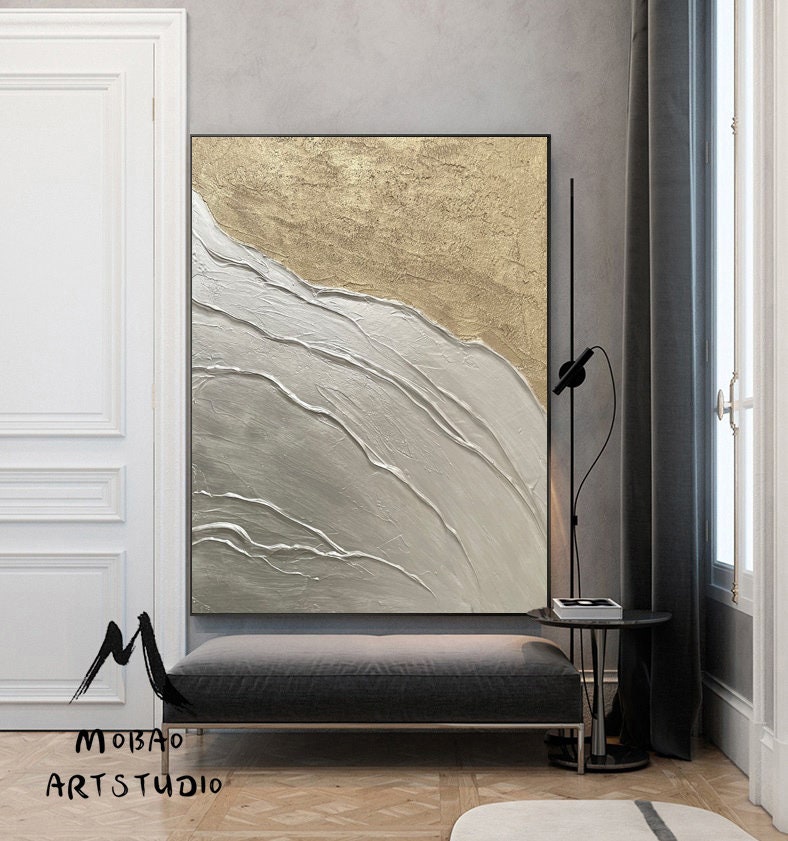 Large Abstract Painting, Silver 3D Textured Abstract Painting,Original Gold Minimalist Painting, Large Wall Canvas Painting Sofa Wall Art