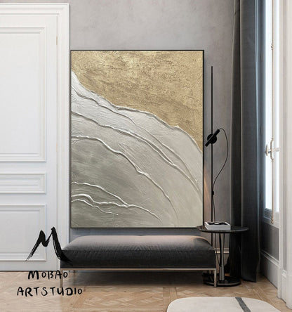 Large Abstract Painting, Silver 3D Textured Abstract Painting,Original Gold Minimalist Painting, Large Wall Canvas Painting Sofa Wall Art