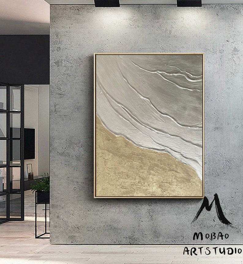 Original Gold Minimalist Painting, Large Abstract Painting, Silver 3D Textured Abstract Painting,Large Wall Canvas Painting Sofa Wall Art