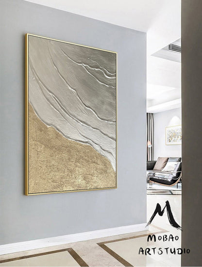 Original Gold Minimalist Painting, Large Abstract Painting, Silver 3D Textured Abstract Painting,Large Wall Canvas Painting Sofa Wall Art