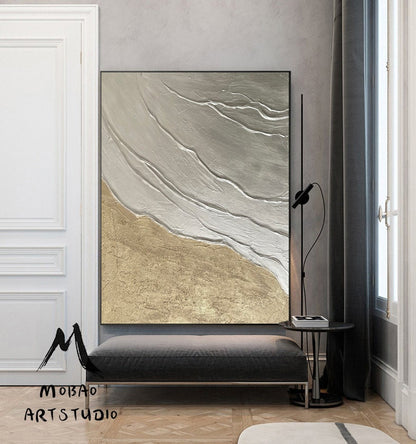 Original Gold Minimalist Painting, Large Abstract Painting, Silver 3D Textured Abstract Painting,Large Wall Canvas Painting Sofa Wall Art