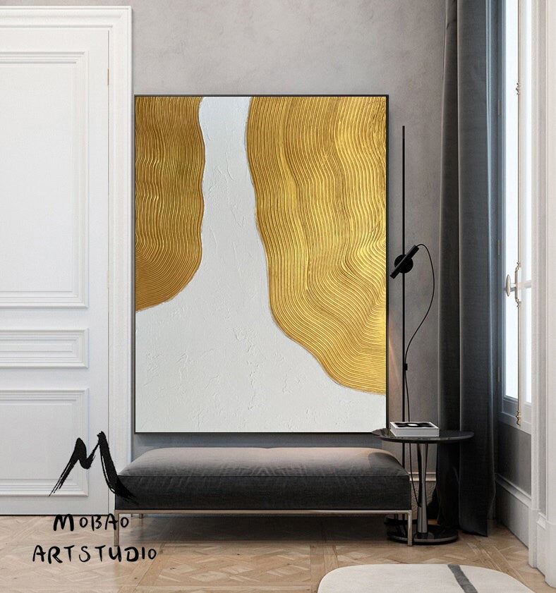 Original White 3D Abstract Painting Gold 3D Textured Painting Gold Abstract Painting Gold 3D Minimalist Painting Modern Abstract Painting
