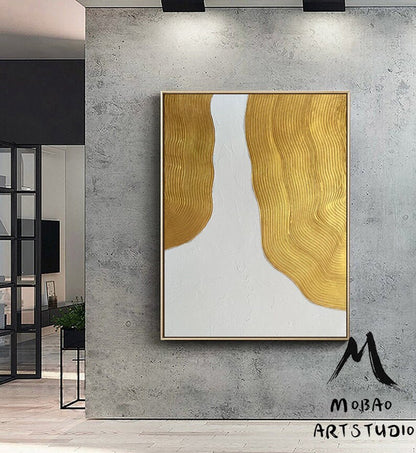 Original White 3D Abstract Painting Gold 3D Textured Painting Gold Abstract Painting Gold 3D Minimalist Painting Modern Abstract Painting