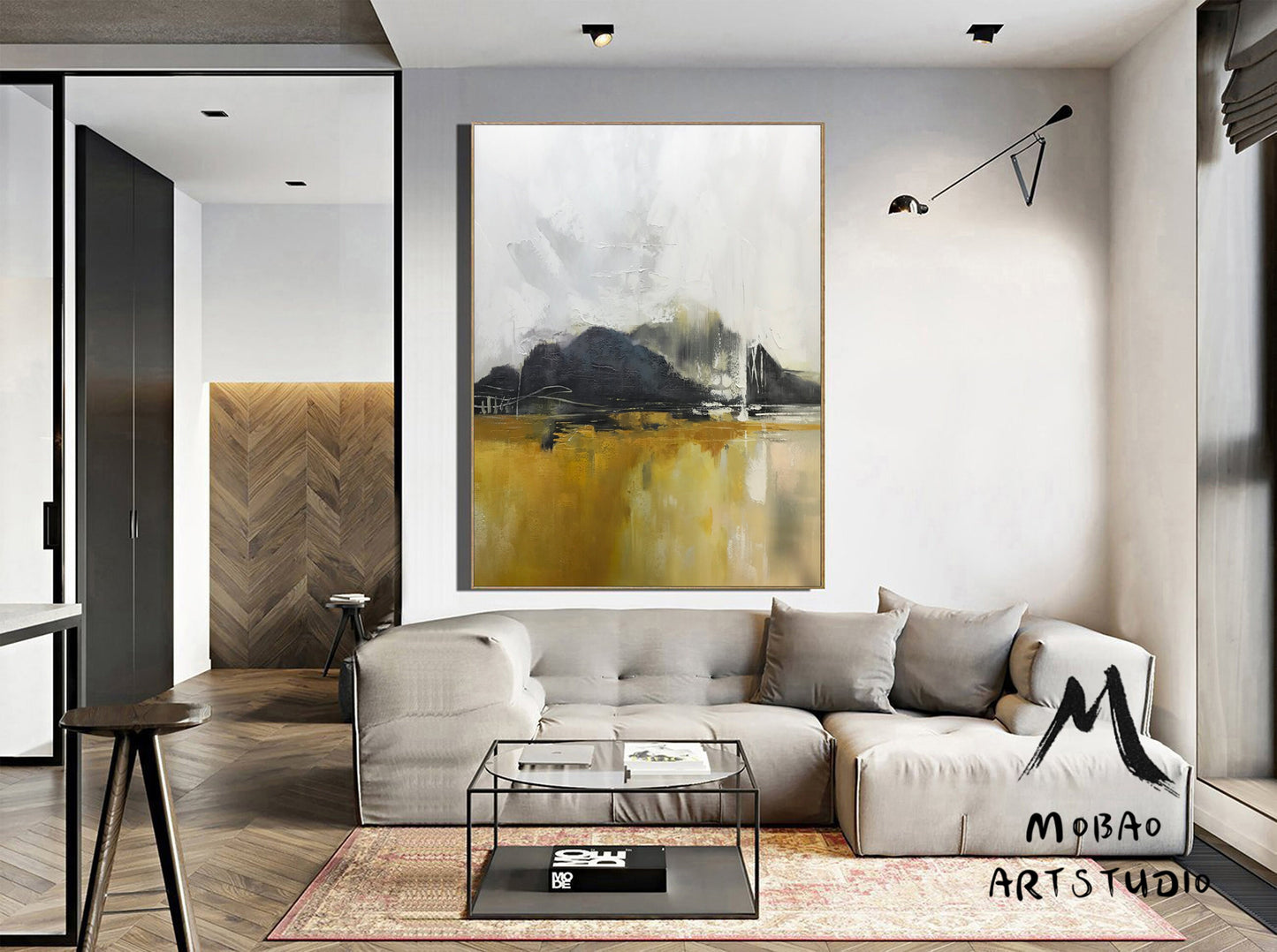 Large Sky Landscape Painting,Gray White Abstract Painting Large Landscape Abstract Painting On Canvas, Yellow Painting,Living Room Wall Art