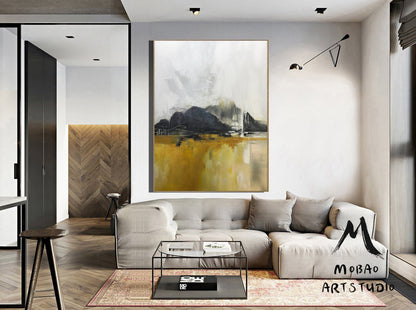 Large Sky Landscape Painting,Gray White Abstract Painting Large Landscape Abstract Painting On Canvas, Yellow Painting,Living Room Wall Art