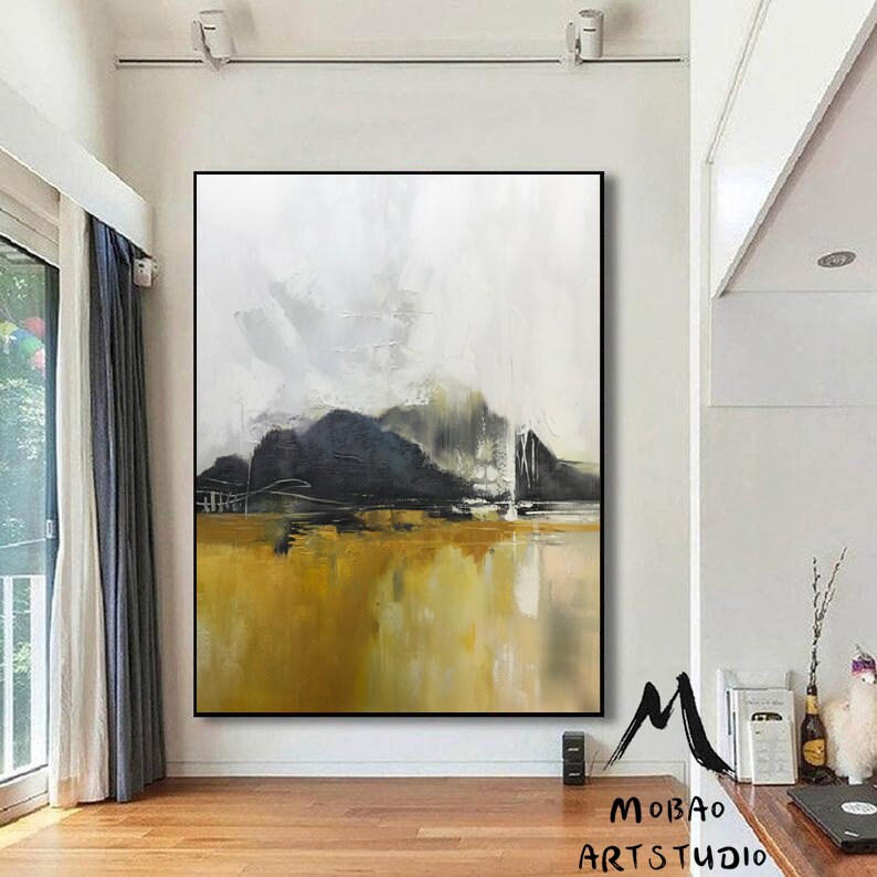Large Sky Landscape Painting,Gray White Abstract Painting Large Landscape Abstract Painting On Canvas, Yellow Painting,Living Room Wall Art