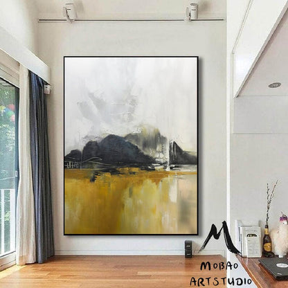 Large Sky Landscape Painting,Gray White Abstract Painting Large Landscape Abstract Painting On Canvas, Yellow Painting,Living Room Wall Art