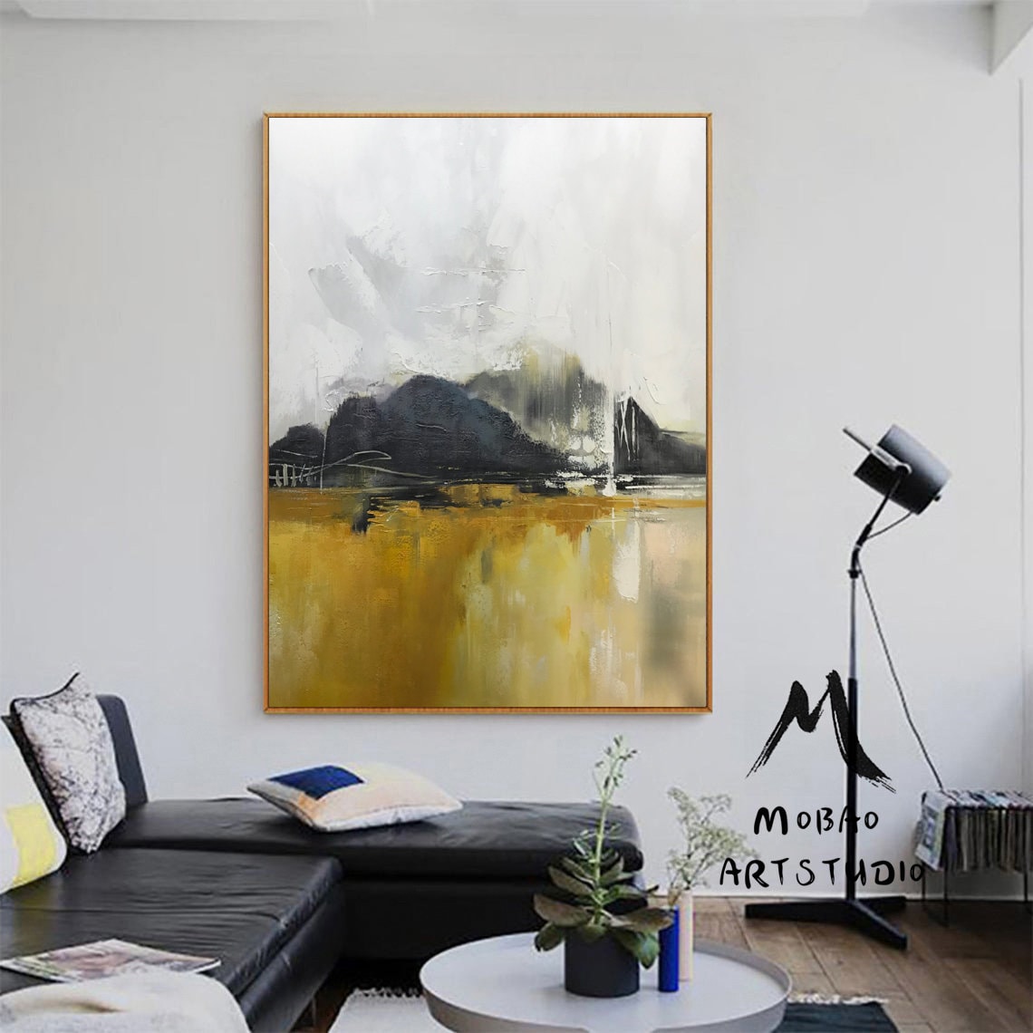 Large Sky Landscape Painting,Gray White Abstract Painting Large Landscape Abstract Painting On Canvas, Yellow Painting,Living Room Wall Art