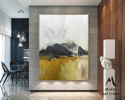Large Sky Landscape Painting,Gray White Abstract Painting Large Landscape Abstract Painting On Canvas, Yellow Painting,Living Room Wall Art