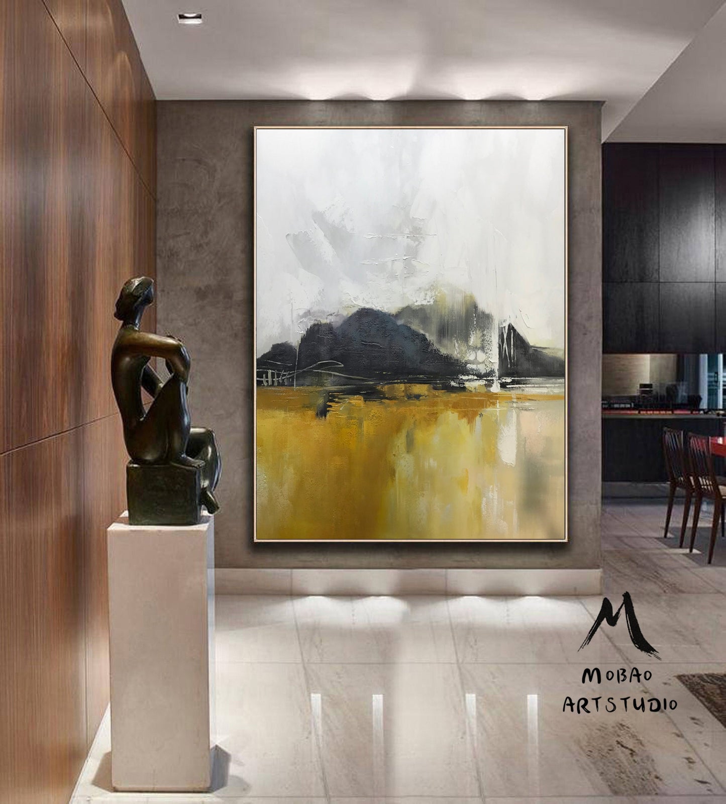 Large Sky Landscape Painting,Gray White Abstract Painting Large Landscape Abstract Painting On Canvas, Yellow Painting,Living Room Wall Art