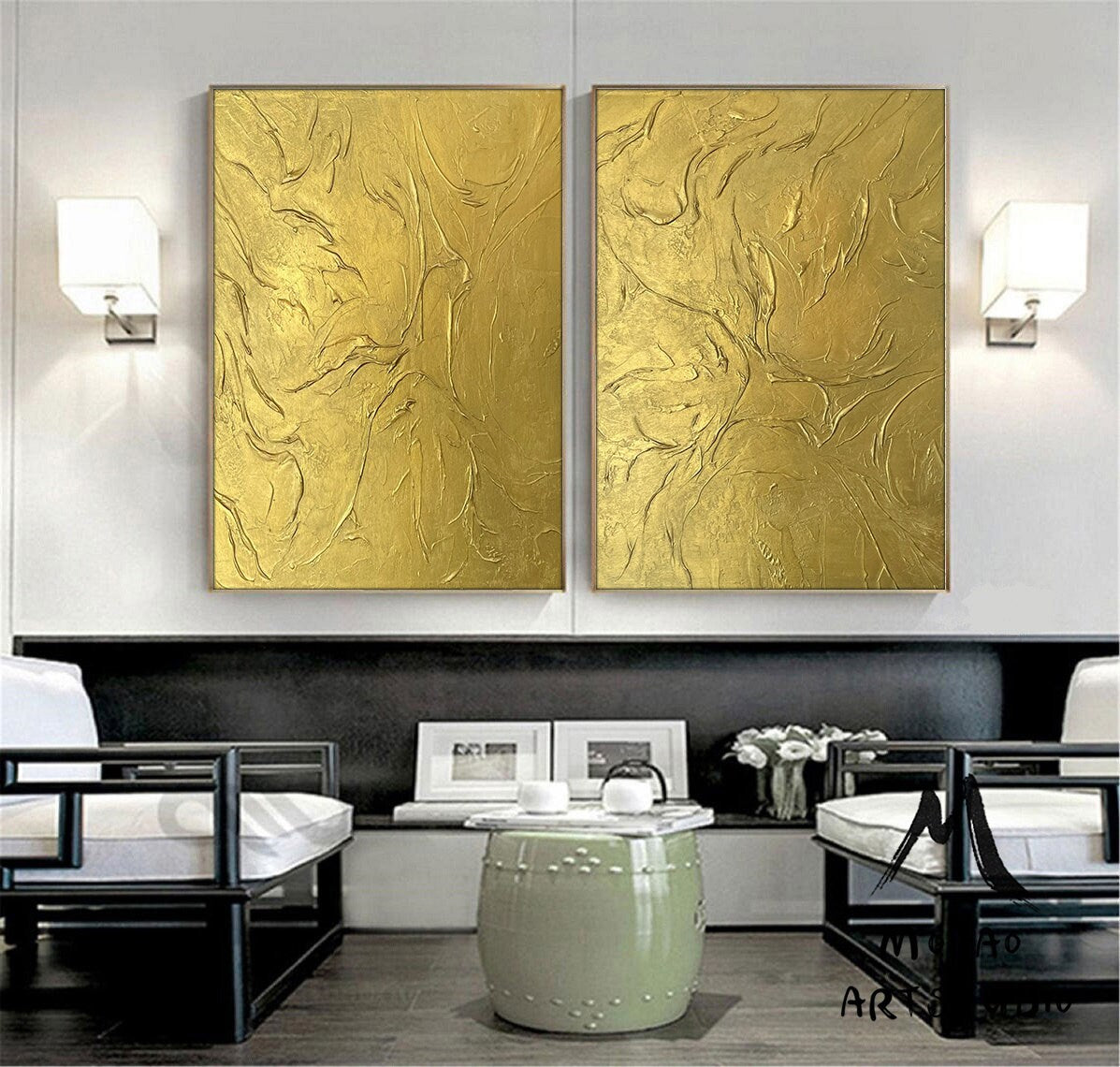 Gold 3D Textured Painting Set of 2 Gold Abstract Painting Gold Abstract Painting Set of 2 Gold Wall Art Gold Textured Wall Art Painting