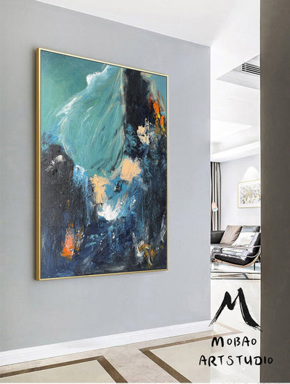 Original Blue Abstract Painting Green Abstract Painting Green Emerald Painting Dark Blue Minimalist Abstract Painting Modern Canvas Wall Art
