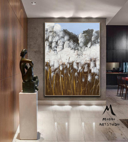 Original Reed Landscape Abstract Painting White Minimalist Painting Large Abstract Painting Blue Painting Modern Wall Decoration Painting