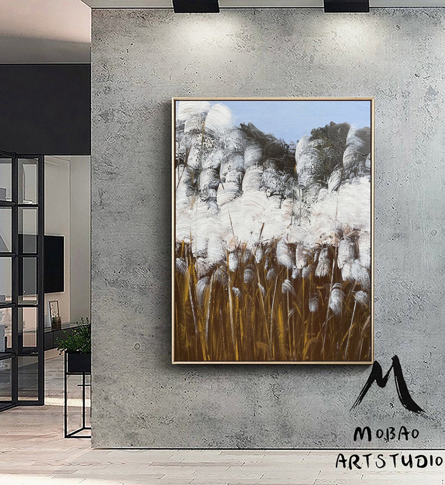 Original Reed Landscape Abstract Painting White Minimalist Painting Large Abstract Painting Blue Painting Modern Wall Decoration Painting
