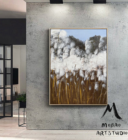 Original Reed Landscape Abstract Painting White Minimalist Painting Large Abstract Painting Blue Painting Modern Wall Decoration Painting