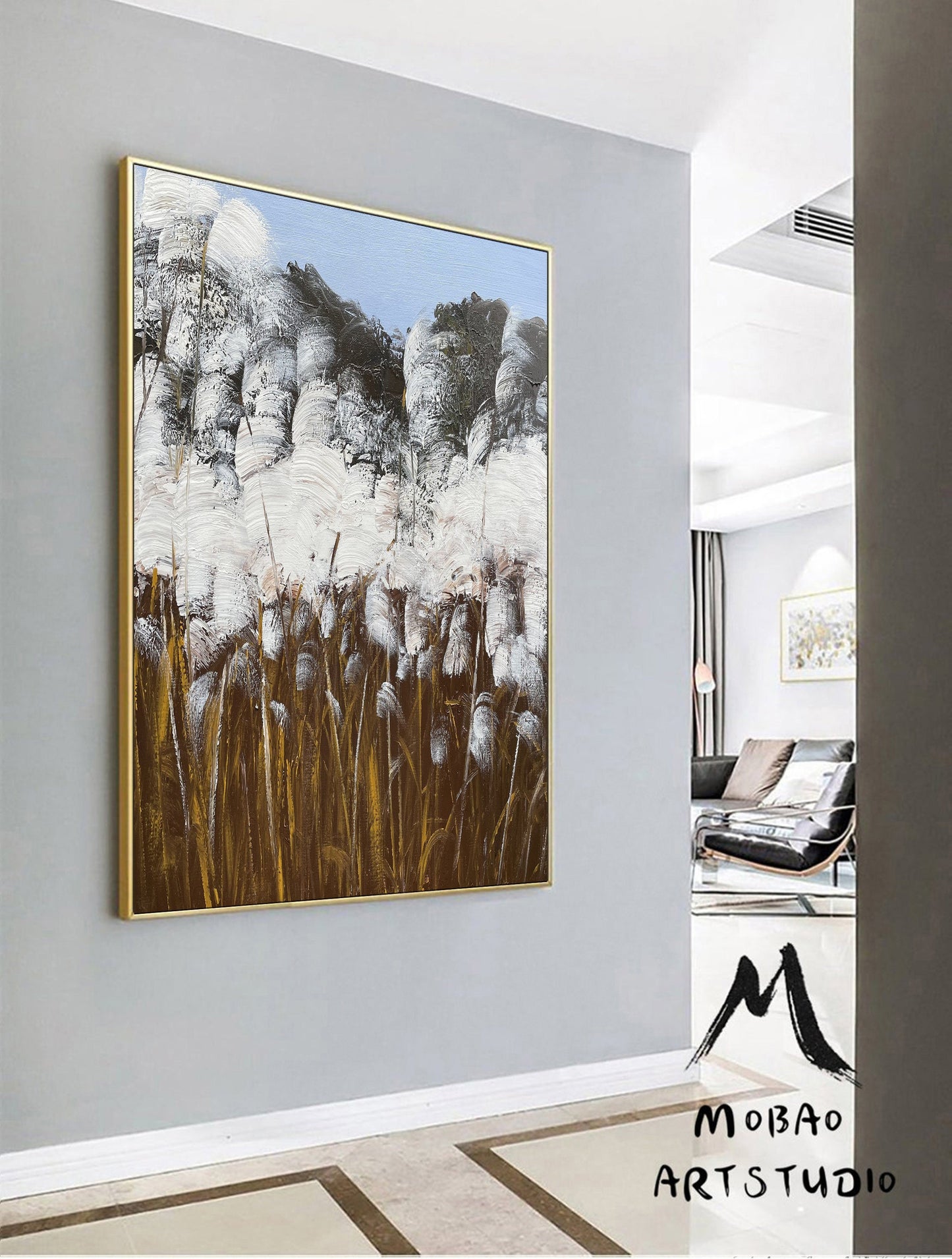 Original Reed Landscape Abstract Painting White Minimalist Painting Large Abstract Painting Blue Painting Modern Wall Decoration Painting