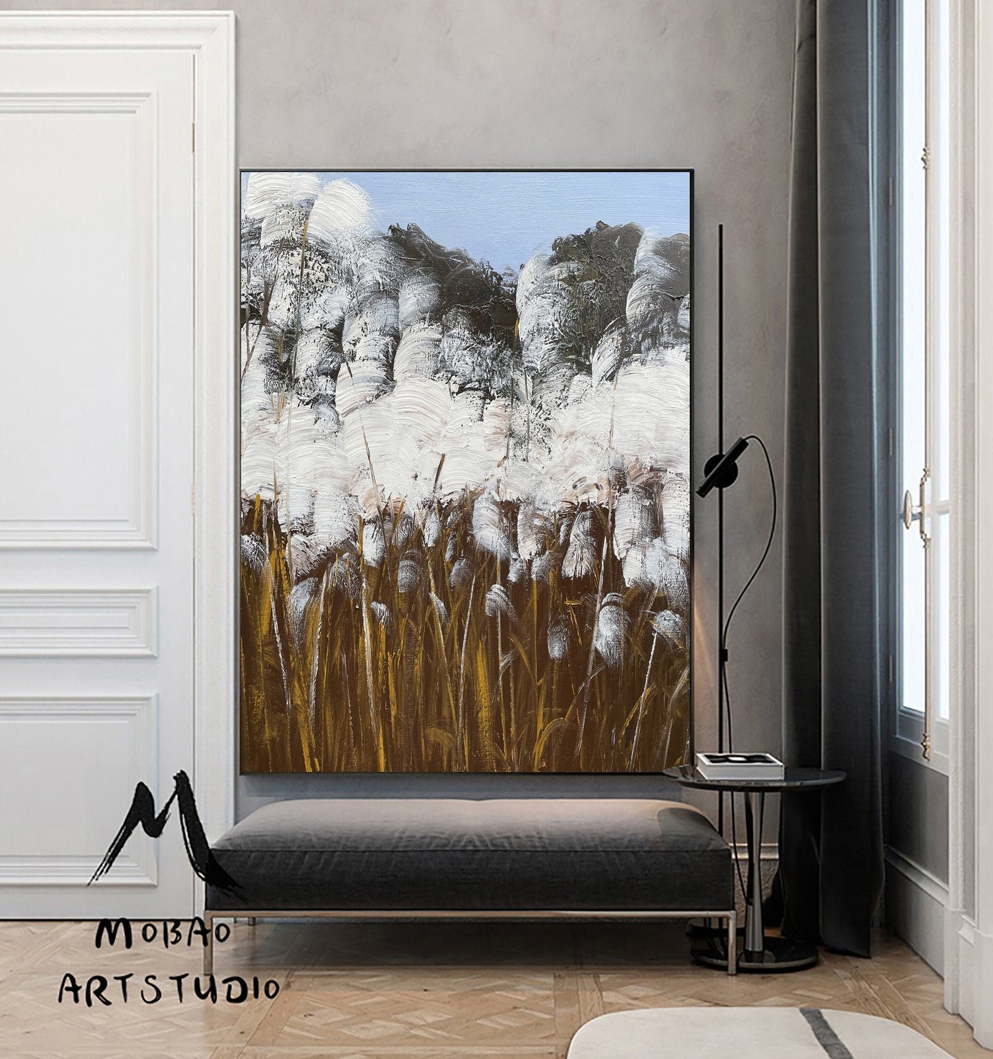 Original Reed Landscape Abstract Painting White Minimalist Painting Large Abstract Painting Blue Painting Modern Wall Decoration Painting
