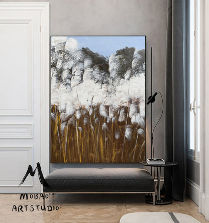 Original Reed Landscape Abstract Painting White Minimalist Painting Large Abstract Painting Blue Painting Modern Wall Decoration Painting