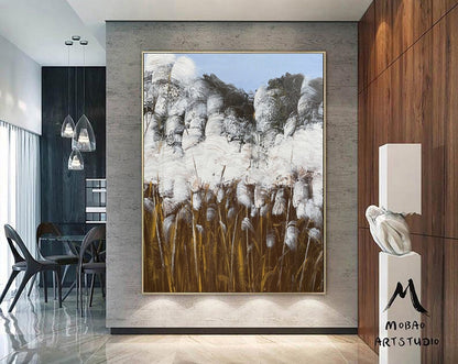 Original Reed Landscape Abstract Painting White Minimalist Painting Large Abstract Painting Blue Painting Modern Wall Decoration Painting
