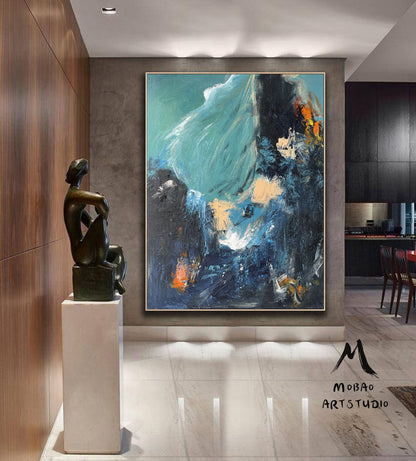 Original Blue Abstract Painting Green Abstract Painting Green Emerald Painting Dark Blue Minimalist Abstract Painting Modern Canvas Wall Art