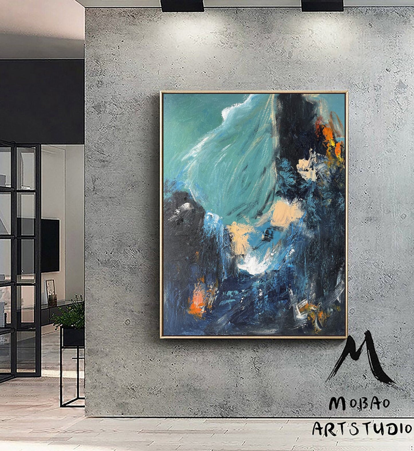Original Blue Abstract Painting Green Abstract Painting Green Emerald Painting Dark Blue Minimalist Abstract Painting Modern Canvas Wall Art