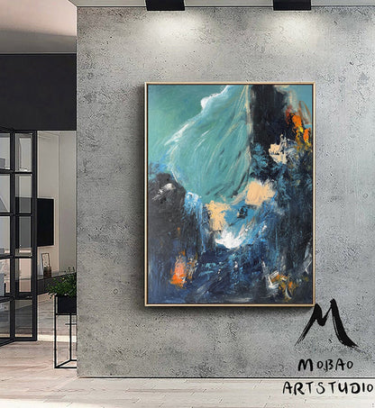 Original Blue Abstract Painting Green Abstract Painting Green Emerald Painting Dark Blue Minimalist Abstract Painting Modern Canvas Wall Art