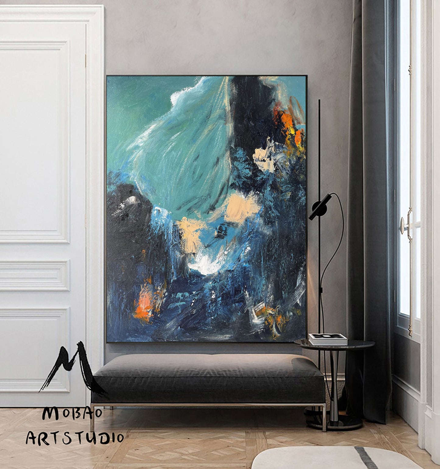 Original Blue Abstract Painting Green Abstract Painting Green Emerald Painting Dark Blue Minimalist Abstract Painting Modern Canvas Wall Art