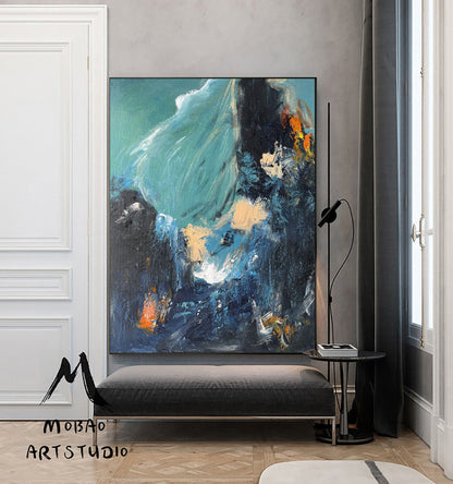 Original Blue Abstract Painting Green Abstract Painting Green Emerald Painting Dark Blue Minimalist Abstract Painting Modern Canvas Wall Art