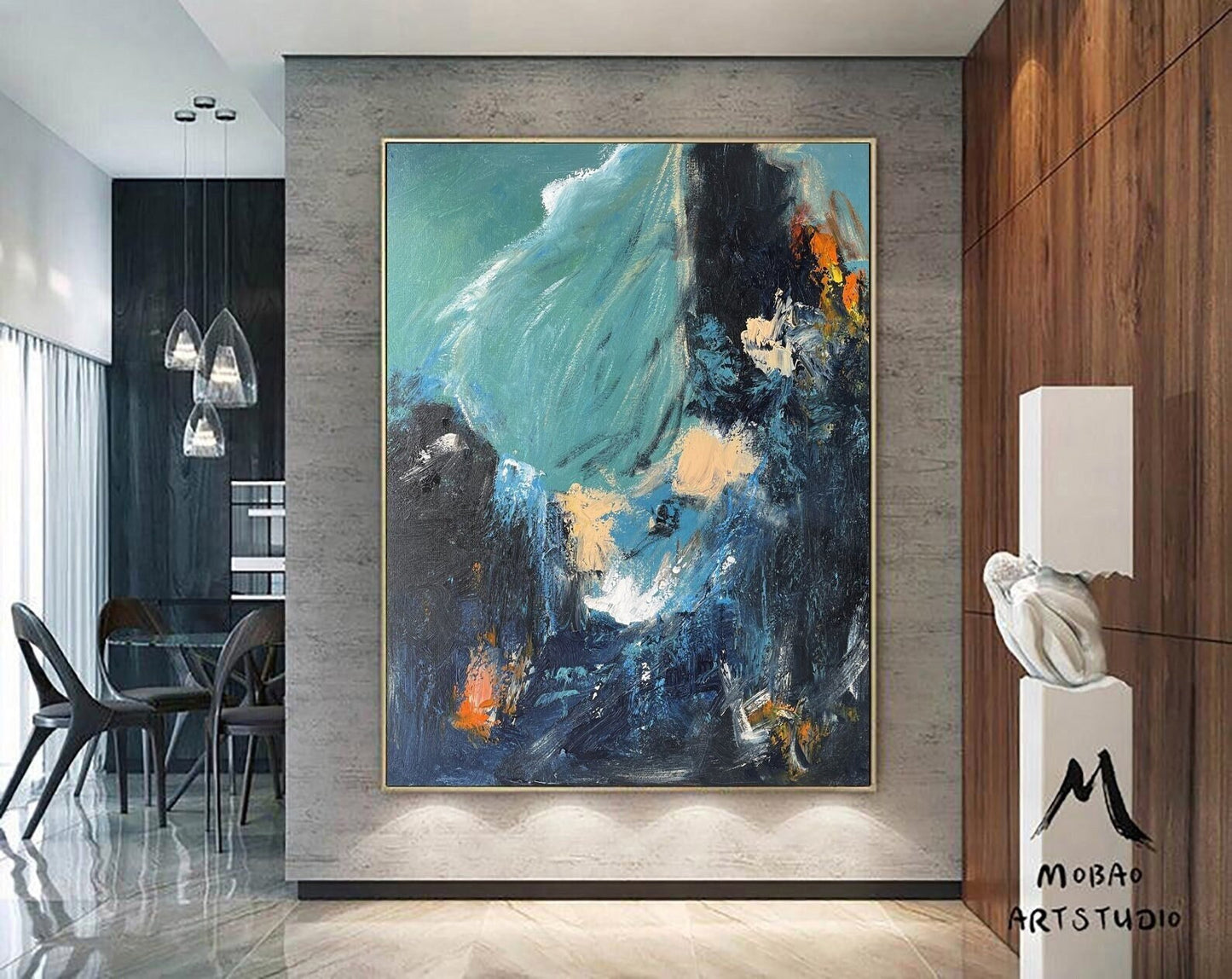 Original Blue Abstract Painting Green Abstract Painting Green Emerald Painting Dark Blue Minimalist Abstract Painting Modern Canvas Wall Art