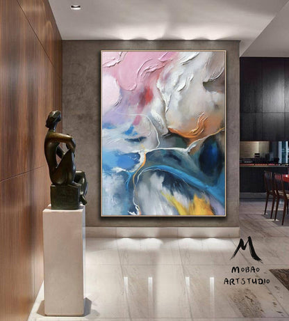 White 3D Textured Painting, Pink Painting, Blue Textured Painting Large Wall Art, White Wall Decor, Texture Wall Art, Over the Bed Decor