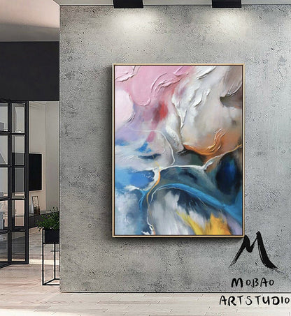 White 3D Textured Painting, Pink Painting, Blue Textured Painting Large Wall Art, White Wall Decor, Texture Wall Art, Over the Bed Decor
