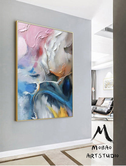 White 3D Textured Painting, Pink Painting, Blue Textured Painting Large Wall Art, White Wall Decor, Texture Wall Art, Over the Bed Decor