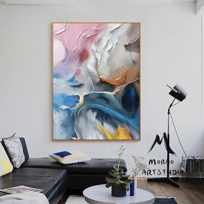 White 3D Textured Painting, Pink Painting, Blue Textured Painting Large Wall Art, White Wall Decor, Texture Wall Art, Over the Bed Decor