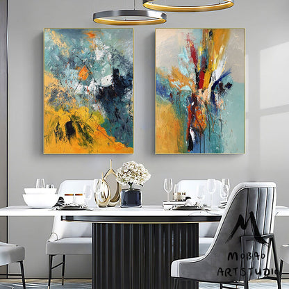 Original Green Abstract Painting Yellow Minimalist Painting Large Abstract Painting Set of 2 Wall Art Set Yellow Minimalist Art Oil Painting