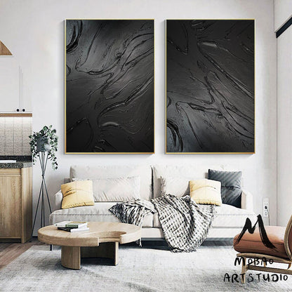 Black 3D Textured Painting Set of 2 Black Abstract Painting Original Black Textured Wall Art Painting Black Minimalist Abstract Painting