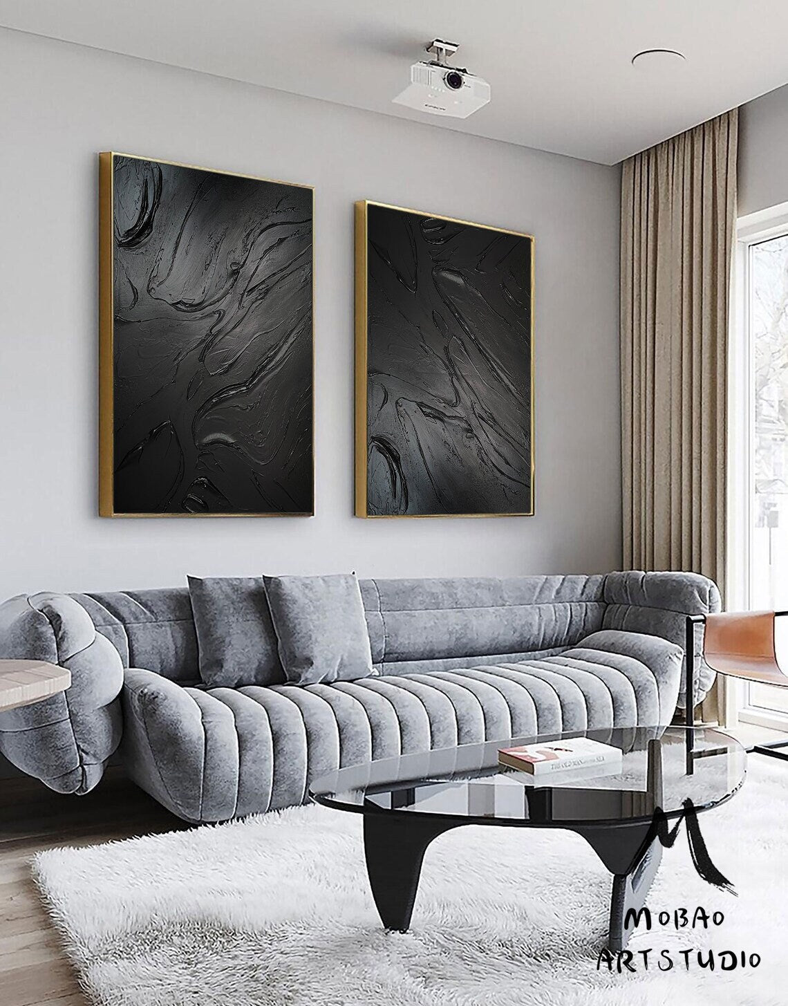 Black 3D Textured Painting Set of 2 Black Abstract Painting Original Black Textured Wall Art Painting Black Minimalist Abstract Painting