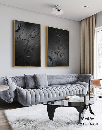 Black 3D Textured Painting Set of 2 Black Abstract Painting Original Black Textured Wall Art Painting Black Minimalist Abstract Painting