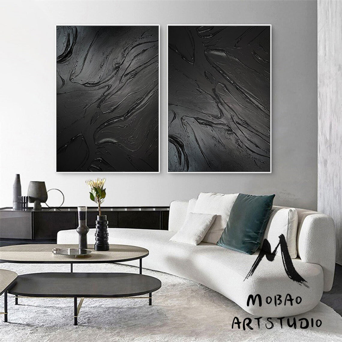 Black 3D Textured Painting Set of 2 Black Abstract Painting Original Black Textured Wall Art Painting Black Minimalist Abstract Painting