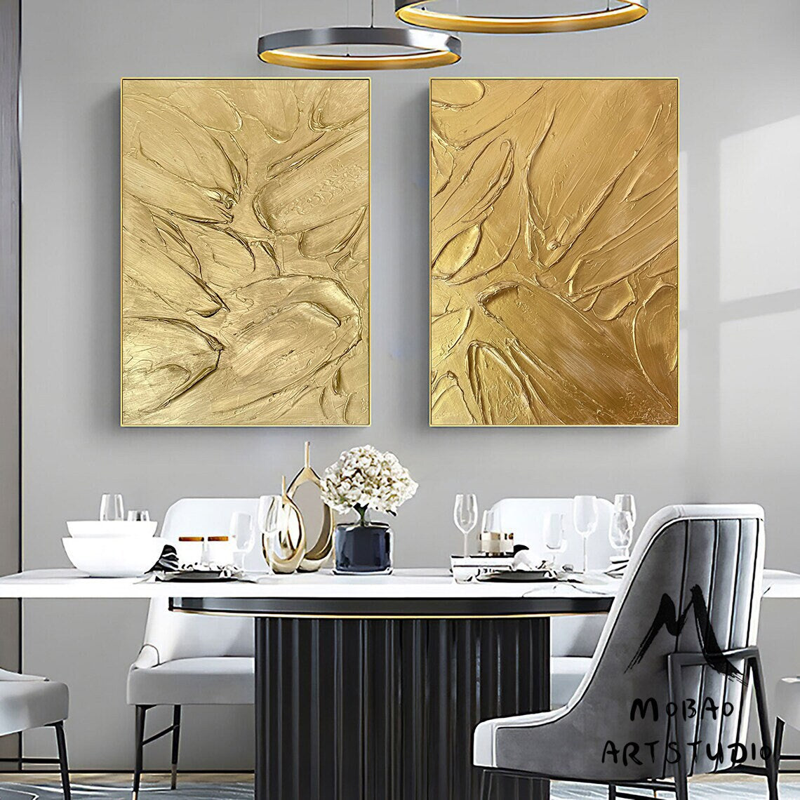 Original Gold 3D Textured Painting Set of 2 Gold Abstract Painting Gold Textured Wall Art Painting Gold Painting Set of 2 Gold Wall Art