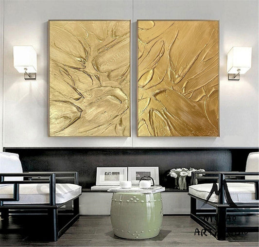 Original Gold 3D Textured Painting Set of 2 Gold Abstract Painting Gold Textured Wall Art Painting Gold Painting Set of 2 Gold Wall Art