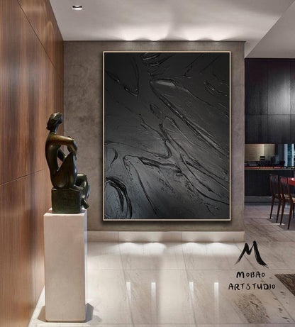 Large Black Abstract Painting Black Textured Wall Art Black Abstract Art Black 3D Wall Decor Black Wall Art Black Framed Abstract Art