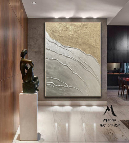 Large Abstract Painting, Silver 3D Textured Abstract Painting,Original Gold Minimalist Painting, Large Wall Canvas Painting Sofa Wall Art