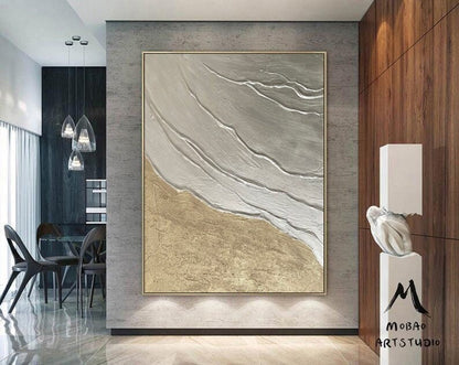 Original Gold Minimalist Painting, Large Abstract Painting, Silver 3D Textured Abstract Painting,Large Wall Canvas Painting Sofa Wall Art