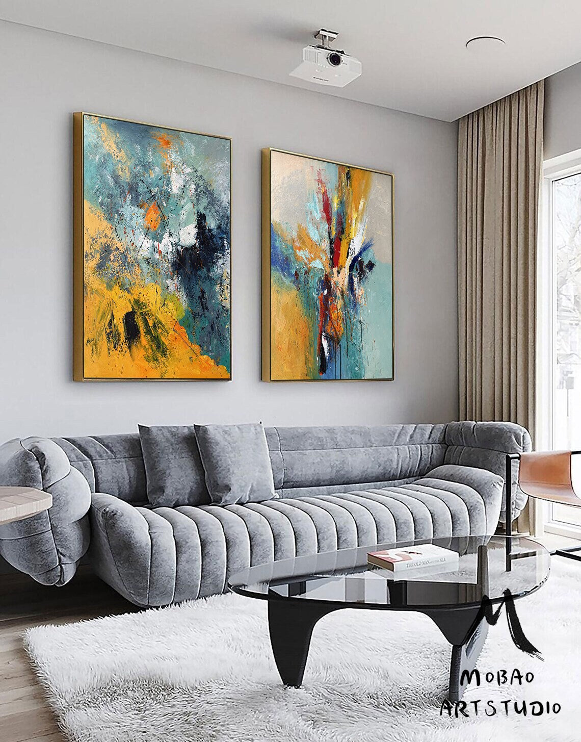 Original Green Abstract Painting Yellow Minimalist Painting Large Abstract Painting Set of 2 Wall Art Set Yellow Minimalist Art Oil Painting