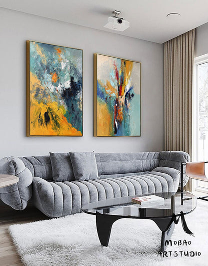 Original Green Abstract Painting Yellow Minimalist Painting Large Abstract Painting Set of 2 Wall Art Set Yellow Minimalist Art Oil Painting