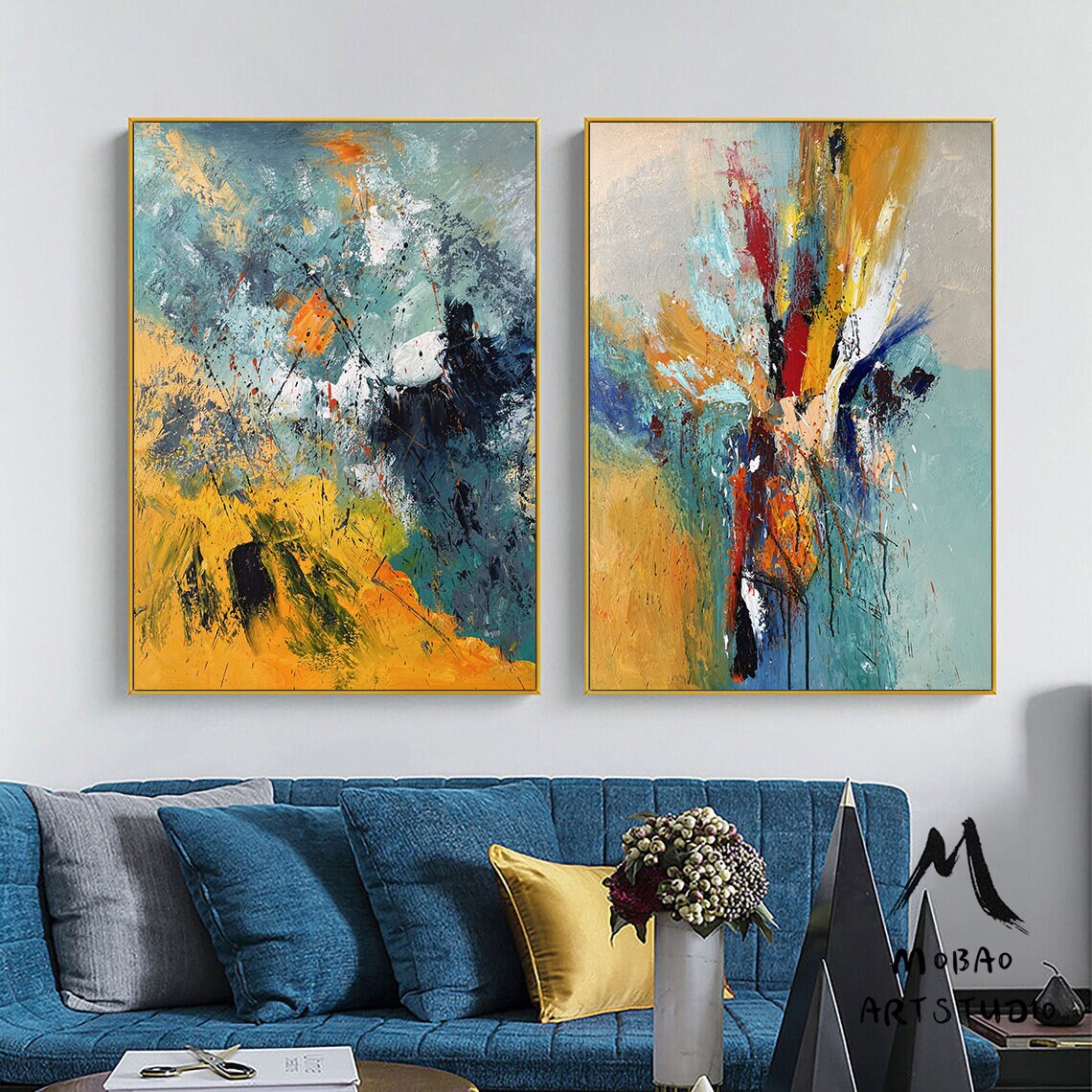 Original Green Abstract Painting Yellow Minimalist Painting Large Abstract Painting Set of 2 Wall Art Set Yellow Minimalist Art Oil Painting