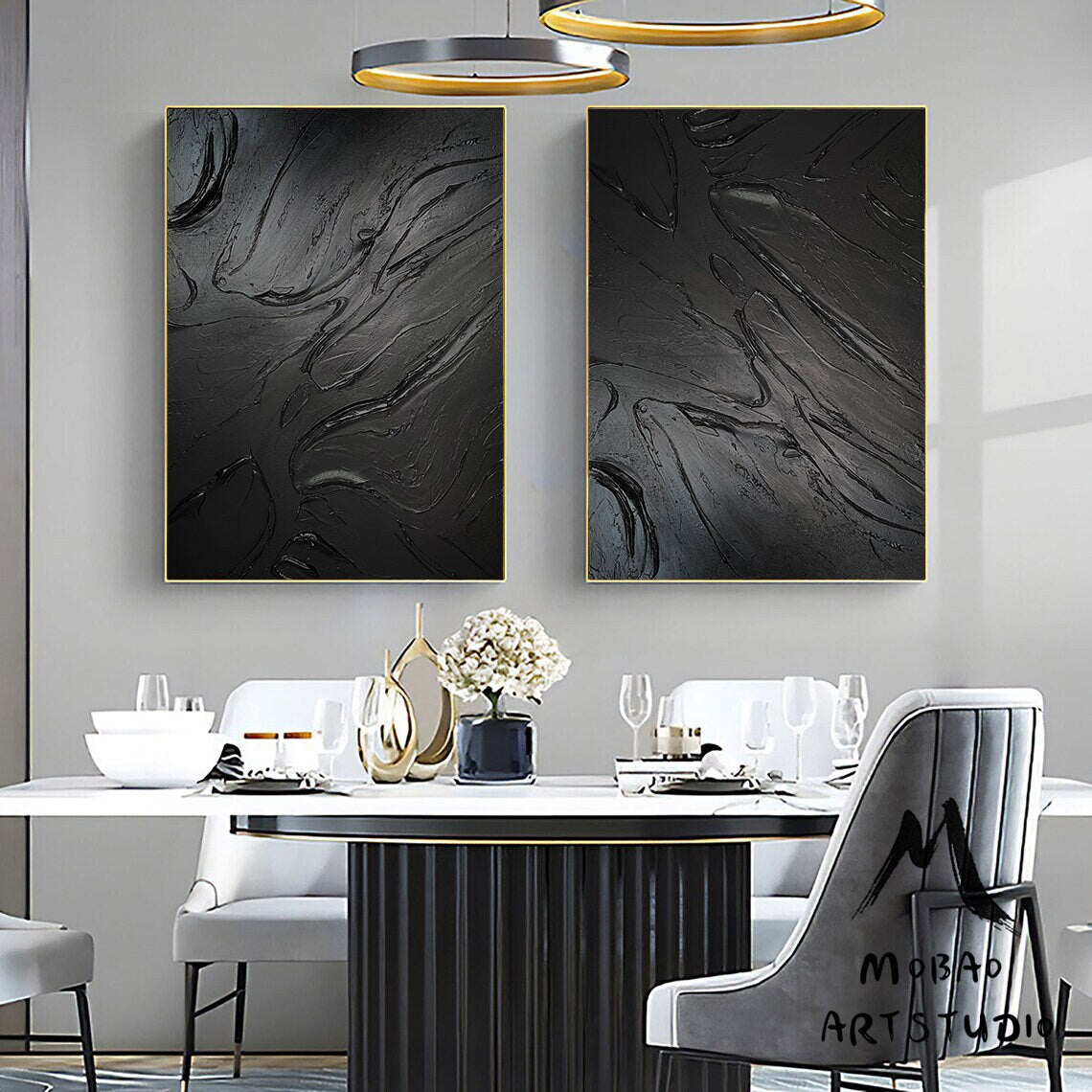 Black 3D Textured Painting Set of 2 Black Abstract Painting Original Black Textured Wall Art Painting Black Minimalist Abstract Painting